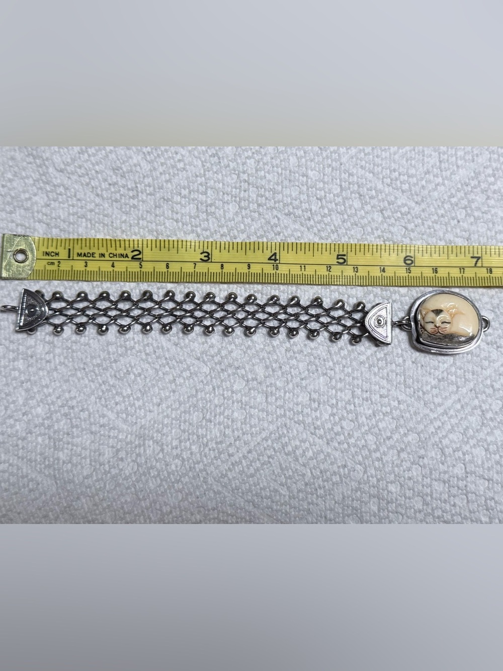 Vintage Tabra Bone Carved Cat Charm & Tabra Silver 925 Connector Bracelet Chain - Picture 10 of 11